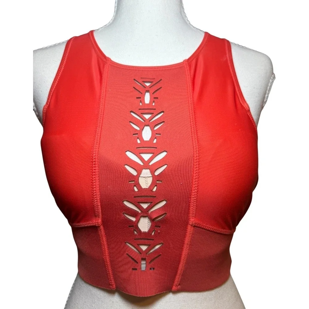 Nani Swimwear‎ Coral Orange Laser Cut High Neck Crop Bikini Top XS Back Zip